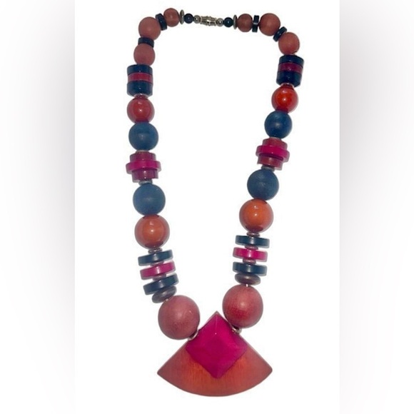 Jewelry - Vintage Colorful Tribal Beaded Wood Chunky Boho Statement Necklace Earthy Retro